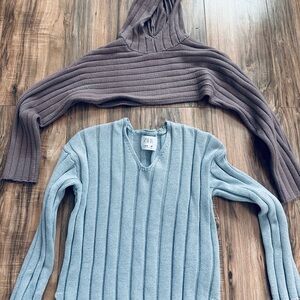 Zara Women's V-Neck Sweater - Light Blue and Taupe